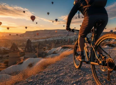 Biking in Cappadocia valley with hot air balloons in the sky