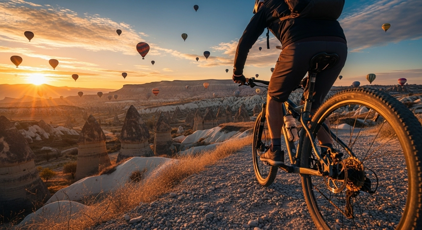 Biking in Cappadocia valley with hot air balloons in the sky