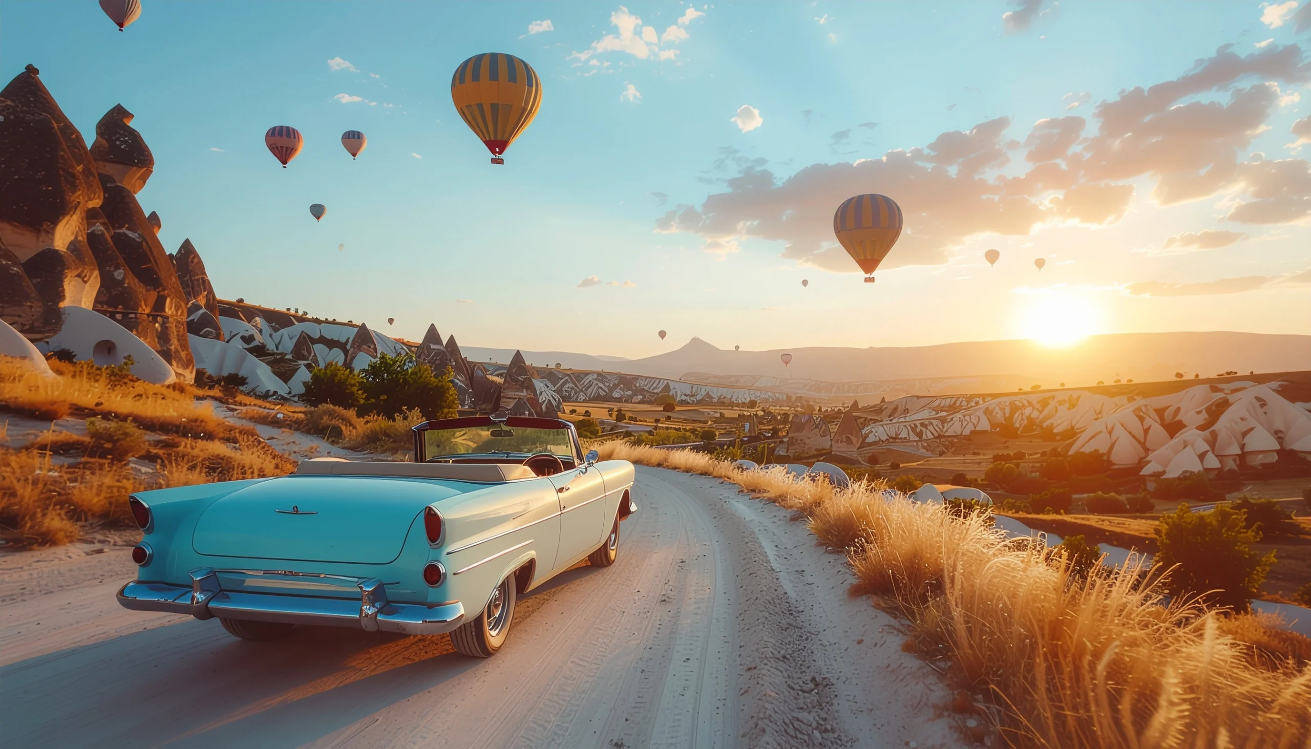 Cappadocia classic car driving through fairy chimneys