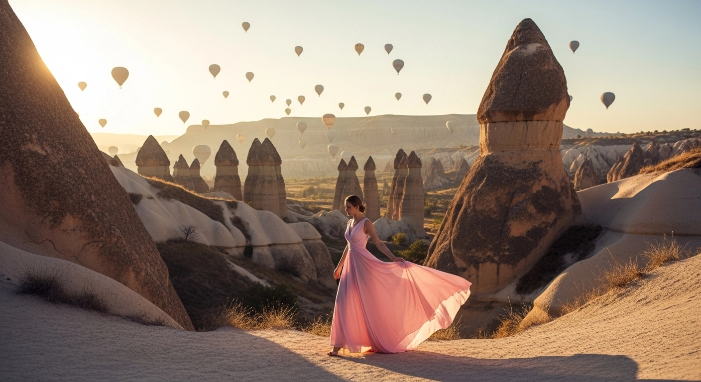 Cappadocia Dress Rental: Flying Dress Photoshoot in Magical Landscapes 2 Cappadocia dress rental for photoshoot with hot air balloons