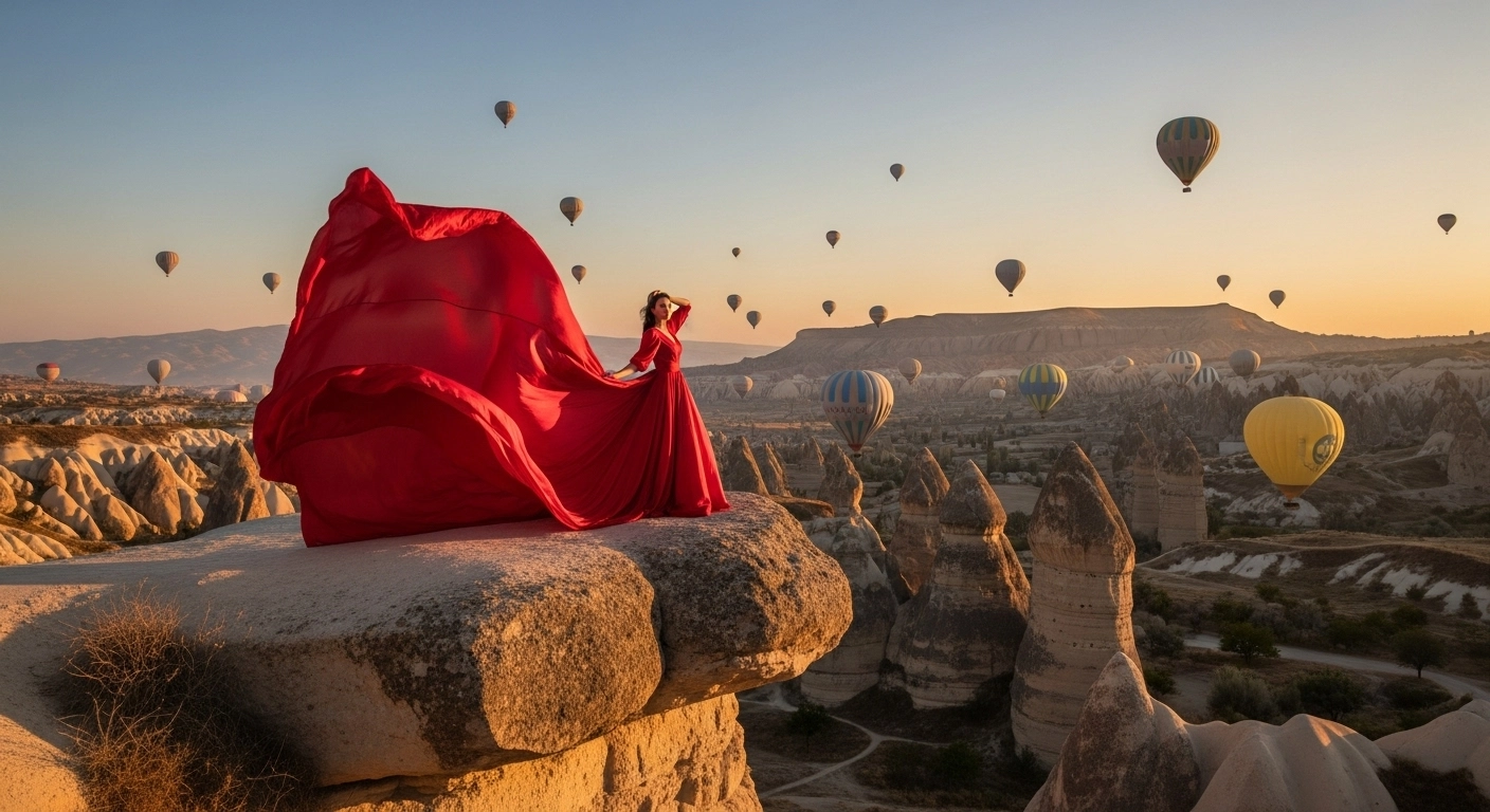 Cappadocia Dress Rental: Flying Dress Photoshoot in Magical Landscapes 3 Cappadocia flying dress photoshoot with colorful dress
