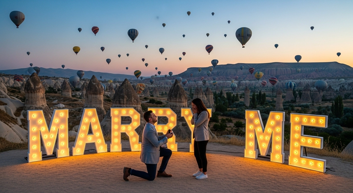 Cappadocia Proposal: Romantic Marriage Proposal in Turkey’s Fairytale Land 4 Cappadocia marry me setup with balloons at sunrise