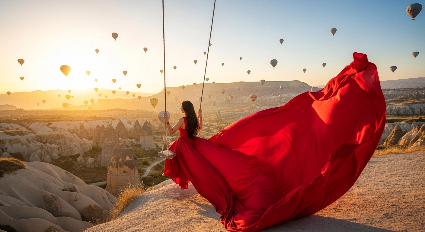 Cappadocia swing photoshoot with balloons at sunrise