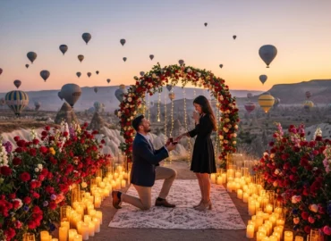 Cappadocia wedding proposal setup with flowers and lights