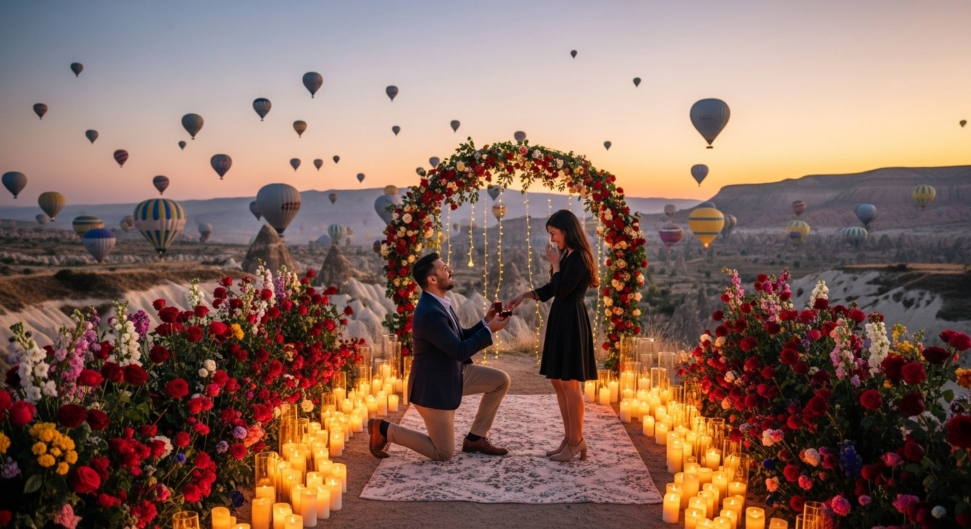 Cappadocia Proposal: Romantic Marriage Proposal in Turkey’s Fairytale Land 3 Cappadocia wedding proposal setup with flowers and lights