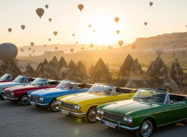 Classic car rental Cappadocia with balloons at sunrise