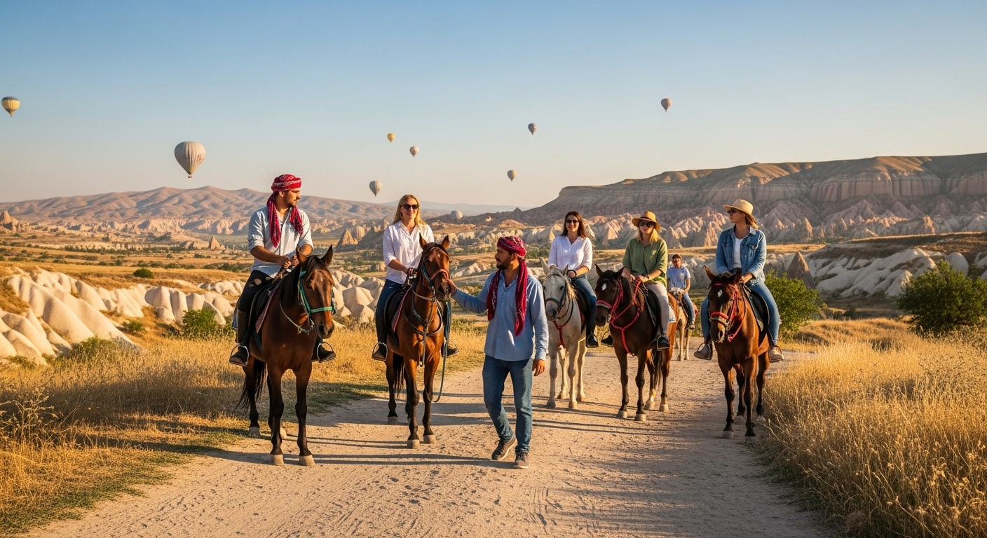Cappadocia Horse Riding: Explore Valleys and Fairy Chimneys on Horseback 4 Horseback riding Cappadocia during sunrise with balloons